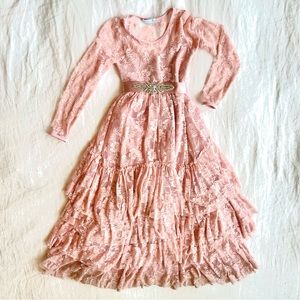 Just Couture Pink Lace, Long Sleeve, Full Length Dress with Rhinestone Accent